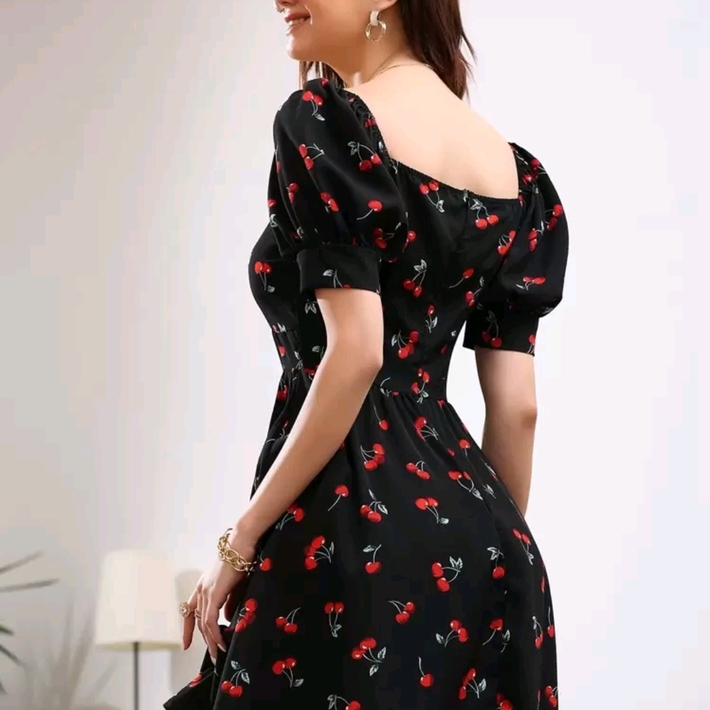SHEIN Black Cherry Pattern Midi Dress Medium - Picture 2 of 9